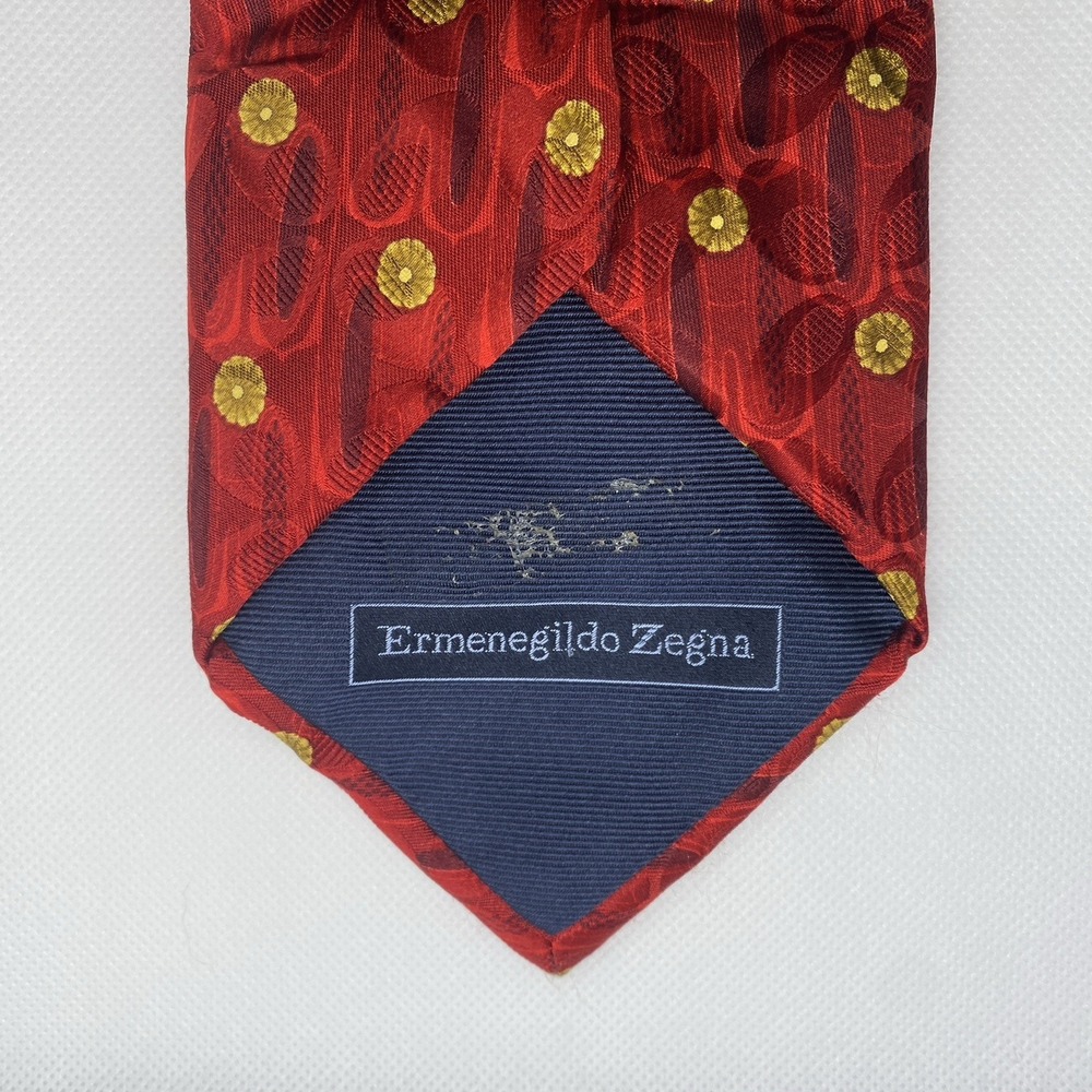 Ermenegildo Zegna Men's 100% Silk Neck Tie Red Gold Flower Medallion Dot Office - Picture 5 of 5